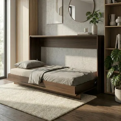 Produktbild von Schrankbett 90x200 cm Horizontal | Klappbett Wandbett Einzelbett platzsparend | Walnuss