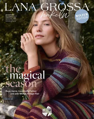 A woman is sitting outdoors, wearing a crocheted sweater, with text overlays.