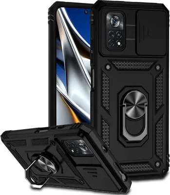 Immagine prodotto di Custodia per Xiaomi Poco X4 Pro 5G a doppio strato con copertura scorrevole della fotocamera e supporto ad anello nero