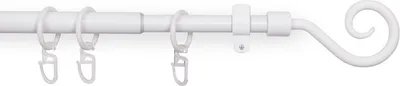 A white curtain rod with rings and hooks, shown against a white background.