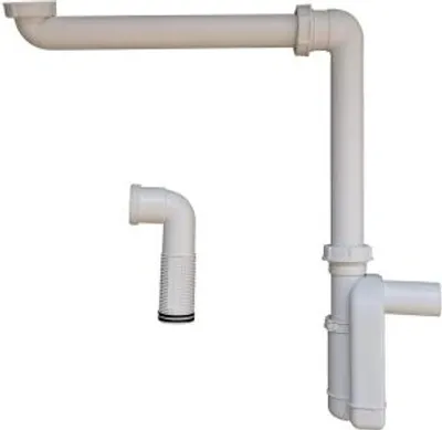 A white background with a white plumbing siphon and connecting pipes.