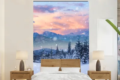 Produktbild von MuchoWow® Fototapete für Wohnzimmer oder Schlafzimmer Wandtapete Vinyl Motivtapete Schnee - Himmel - Wald - Winter - 195x300 cm - Das Hintergrundbild