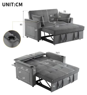 Immagine prodotto di Divano letto - Divano a forma di L, due posti - Pieghevole - Multifunzionale - In velluto - Grigio - Con portabicchieri