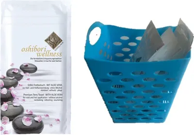 Produktbild von Oshibori Wellnesstücher Frotteetücher zur Erfrischungstuch 10 Stück im hygienischen Einzelsachet mit Zipp-Verschluss Geschenkidee im Körbchen, Waschlappen 100% Baumwolle