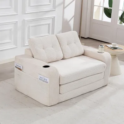 Produktbild von MODFU Sofa Modulares Bodensofa Loungesofa mit Rückenlehne Zweisitzer Umbaufunktion Sitzsack-Optik mit Getränkehaltern Seitentaschen Für Wohnzimmer Beige