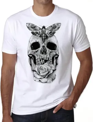 Produktbild von Herren Grafik T-Shirt Totenkopf mit Motte und Rose Tattoo – Skull With Moth And Rose Tattoo – Öko-Verantwortlich Vintage Jahrgang Kurzarm Lustige