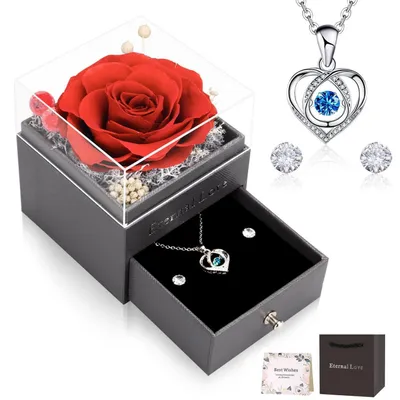 Produktbild von Ewige Rose mit Herzanhänger, Halskette & Ohrringe, Geschenkbox