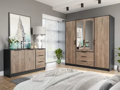 Produktbild von Kleiderschrank LATI D4 , Drehtürenschrank, Schrank Schubladen und Spiegel (Schwarz/Viking Eiche +Spiegel; Ohne Erweiterung)