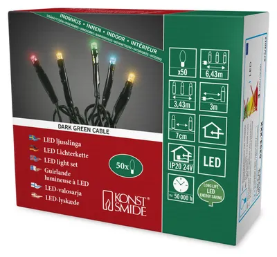 Zdjęcie produktu dla Konstsmide 6353-520 Mikrolampki LED, zgrzewane, 50 kolorowych diod, wewnętrzny transformator 24 V, ciemnozielony kabel