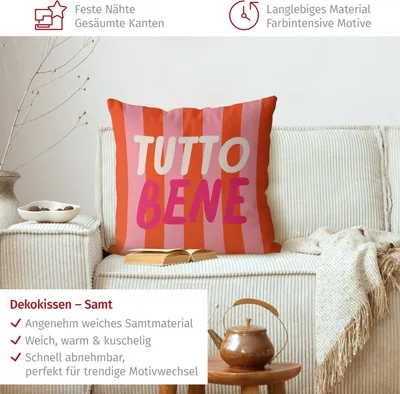 Produktbild von Dekokissen Sprüche drinnen / Indoor Zierkissen Samt waschbar Streifen rosa Pop Art Sofakissen ohne Füllung