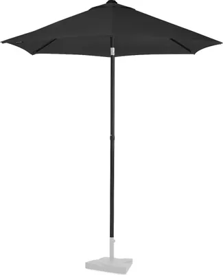 A black patio umbrella is shown standing upright on a white background.