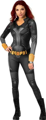 A woman wearing a Black Widow costume.