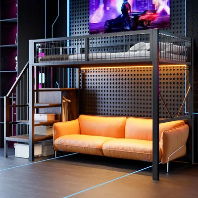 Immagine prodotto di Letto a castello 90 x 200 cm con scaletta, letto a soppalco con illuminazione a LED e ringhiera di sicurezza, struttura del letto con spazio contenitivo, colore nero, materiale: legno e metallo