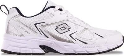 A single white and blue Lotto sneaker shown from the side.