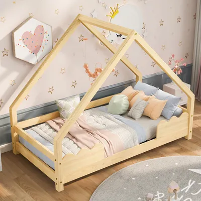 Produktbild von MODFU Hausbett 90 x 200 aus Massivholz,Kinderbett Gästebett mit Rausfallschutz und Lattenrost,Jugendbett,Spielbett ohne Matratze,Natur