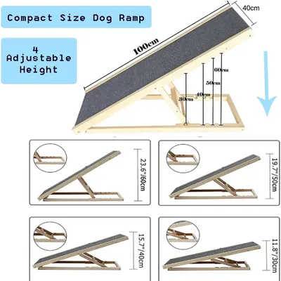 Obrázek produktu pro Rampa pro domácí mazlíčky, dřevěná - rampa pro psy, 100 cm - výška nastavitelná - protiskluzová podložka - skládací a přenosná - vhodná pro auto, pohovku, postel - nosnost do 80 kg