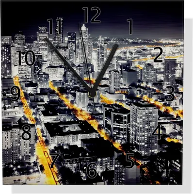 Produktbild von Wallario Design Wanduhr Großstadt bei Nacht - Seattle in schwarz weiß gelb aus Aluverbund, Größe 30 x 30 cm