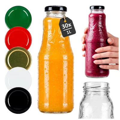 Zdjęcie produktu dla SuperButelki - 30x Butelka szklana SOCZEK 1000 ml z zakrętką, 1 l na soki wino napoje kompot + lejek i E-BOOK z przepisami, 1l na sok, zestaw butelek