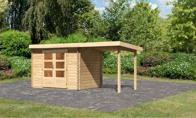 Produktbild von Gartenhaus Blockbohlenhaus Gerätehaus Bastrup 3 im Set mit Anbaudach 2 m breit naturbelassen 479x237x217 cm