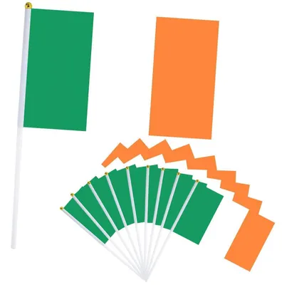 Immagine prodotto di Bandiere irlandesi su asta, confezione da 10, dimensioni 14x21 cm, in poliestere, ideali per feste e eventi sportivi