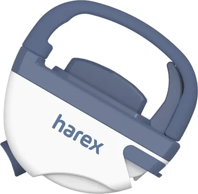 A product shot of a white and blue incontinence clamp with the brand name 'harex' visible.