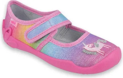 A single pink girls' shoe with a rainbow design and a unicorn applique.