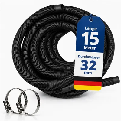 Produktbild von HAF Hochwertiger Pool Schwimmbadschlauch 32mm Schwarz 15 Meter | Poolschlauch für Garten & Schwimmbad | Solarschlauch + 2x Edelstahl Schlauchschellen