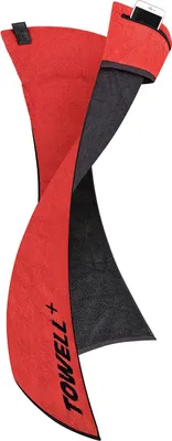 A red and black towel is twisted and laid out on a white background. A smartphone is visible in a pocket at the top of the towel.