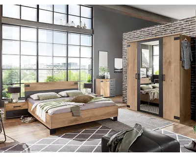 Produktbild von Schlafzimmer-Set mit Bett 180x200 cm & Kleiderschrank in Eiche mit graphit, 6-teilig - MONTELLA-43
