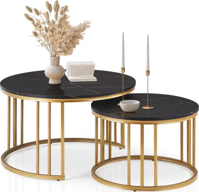 Produktbild von CLIPOP Runder Couchtisch 2er-Set mit Marmor-Effekt, stapelbarer Beistelltisch mit goldenem Metallrahmen, Schwarz