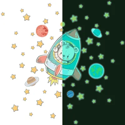 Produktbild von Leuchtsticker – Astronautenbär + 50 Sterne – Fluoreszierender Wand-/Deckensticker für Kinder – 120 x 120 cm