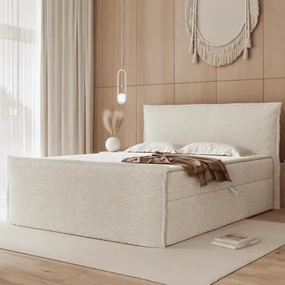 Produktbild von Boxspringbett LIZIO 180x200 Bouclé Ohren-Kopfteil Bettkasten Cremeweiß