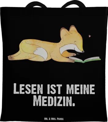 Produktbild von Mr. & Mrs. Panda Tote Bag Fuchs Lesen - Schwarz - Geschenk, Tasche, Schultasche, Jutetasche, Bücher, Jutebeutel, Shopping, Bücherwurm