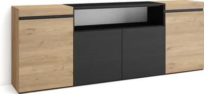 Image de COZY Buffet salon et cuisine, 200x35x75cm, 4 Portes, Meuble chaussure, Chêne et noir