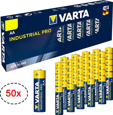 A box of VARTA Industrial PRO AA batteries is shown with a stack of loose batteries in front of it.