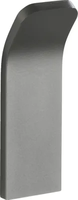A gray metal hook against a white background.