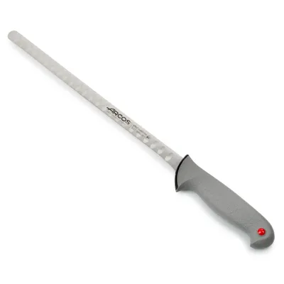 A professional studio shot of a long, thin knife with a gray handle, set against a plain white background.
