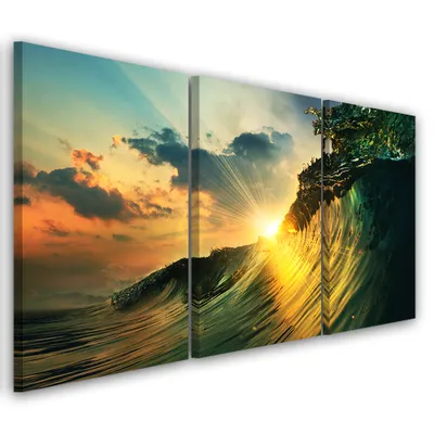 Image de Triptyque sur toile bleu naturel 150 x 100 cm Feeby bleu tableau mural prêt à accrocher