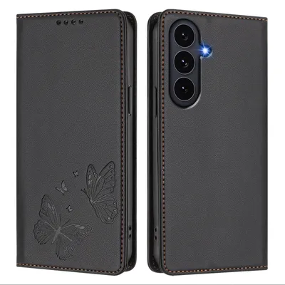 Image de Étui en cuir pour Samsung Galaxy S25 FE, motif papillon en relief, étui à rabat avec porte-appareil, noir