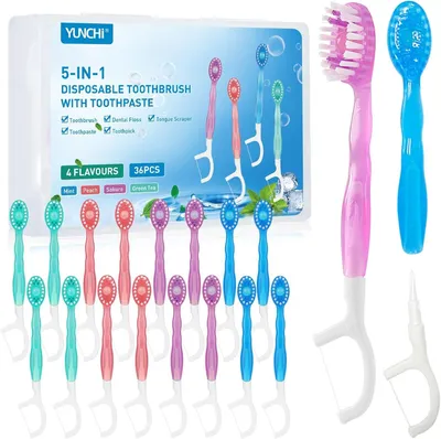 Produktbild von Mini Zahnbürsten 5-in-1, 36 Stück, mit Zahnpasta, Zahnstocher, Zungenreiniger, für die Reise