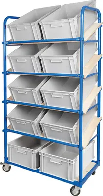 Produktbild von Schrägboden-Regalwagen mit 5 Ebenen, 4 Lenkrollen, bestückt mit 10 Euroboxen 600x400x220 mm grau
