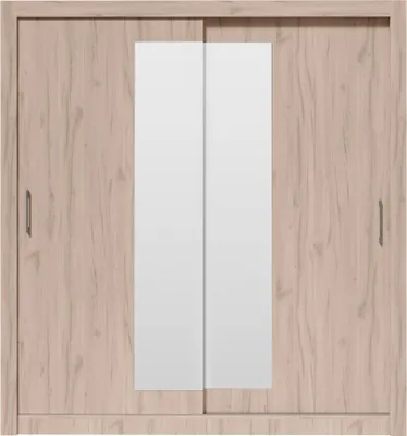 Productafbeelding van Furniture24 Garderobekast 2000x215x60 cm, model INBOX 200DE. Schuifdeurkasten. Kast met schuifdeur. Twee kledingstangen. Spiegel. Kleur: Licht eikenhout (Estana)