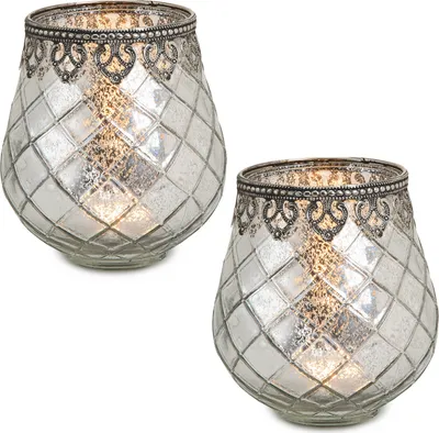 Produktbild von Vintage Kerzengläser Set Outdoor Windlicht Laternen silber 14 cm