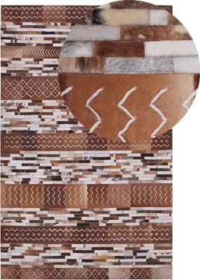 Obrázok produktu pre BELIANI Koberec hnedý z hovädzej kože 140 x 200 cm patchworkový pruhovaný škandinávsky vzor