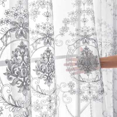 Obrázok produktu pre Easy Home Marocké damaskové vyšívané záclony z voálu – 140 x 215 cm, priehľadné – sada 2 ks, šedé