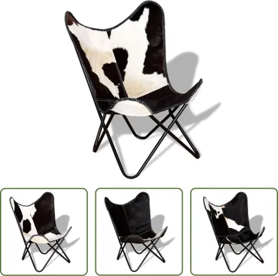 A butterfly chair with a cowhide pattern is shown against a white background. Below it are three smaller images of the same chair from different angles.