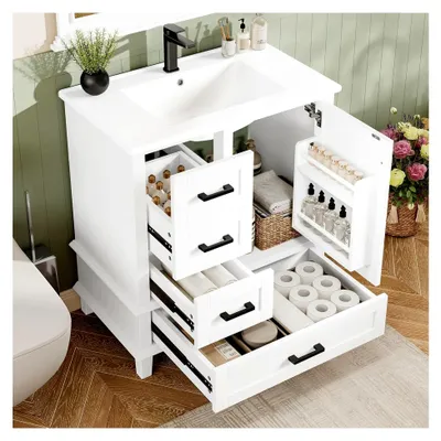 Produktbild von Bodenstehender Badezimmerschrank mit Waschbecken, 76x46x83,5cm, Volllackierung, Türregal, drei geräuschlose Schubladen, integriertes Keramikwaschbecken, Weiß