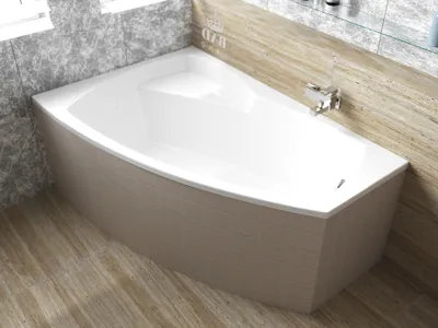 Zdjęcie produktu dla Wanna Akrylowa Zestaw 3w1 Asymetryczna 150x100 Lewa Biała, Nowoczesny Chrom Premium Syfon i Nogi (stelaż) w komplecie | BADLAND FRIDA