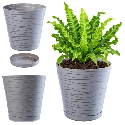 Produktbild von KADAX Blumentopf mit Untersetzer "Greve", Blumenkübel, Pflanztopf aus Kunststoff, Übertopf, rund, 21 cm, Grau