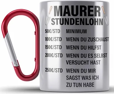 Produktbild von Trendation - Maurer Edelstahl Tasse Karabiner Geschenk Mit Spruch Maurer Geschenkidee Lustig Männer Karabiner Edelstahl Tasse Karabiner Edelstahl Stundenlohn (Rot)